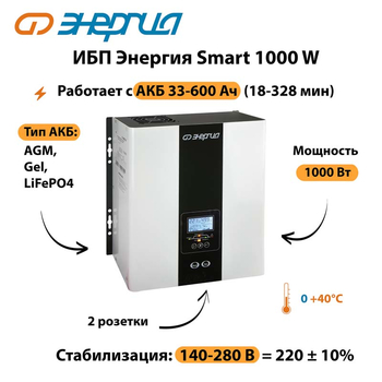 ИБП Энергия Smart 1000W - ИБП и АКБ - Энергия ИБП Smart - . Магазин оборудования для автономного и резервного электропитания Ekosolar.ru в Нефтеюганске